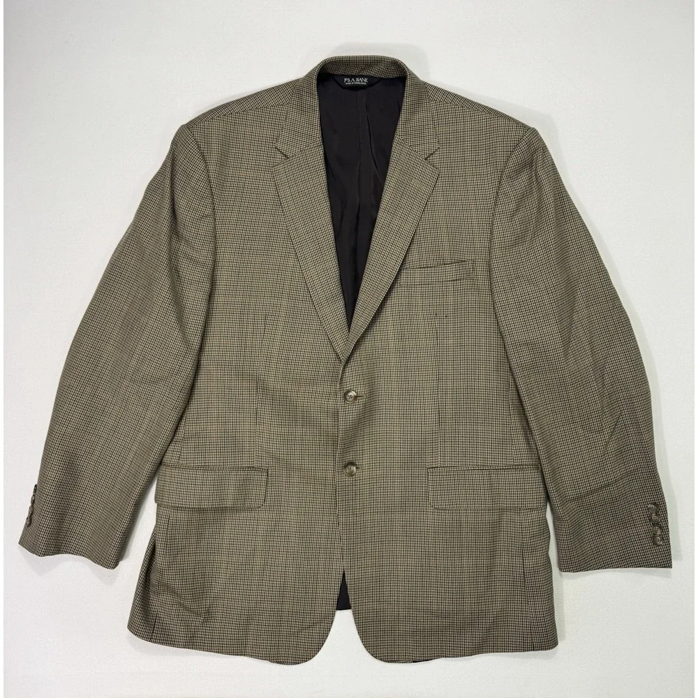 Jos A Bank 46R Brown Houndstooth Wool Sport Coat Blazer Traveler Tailored Fit